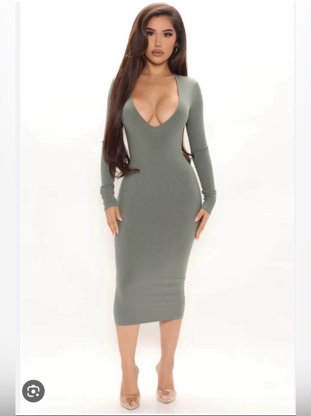 NWT Fashion Nova Kiana snatched Ribbed Long Sleeve V-Neck Midi Dress in Olive